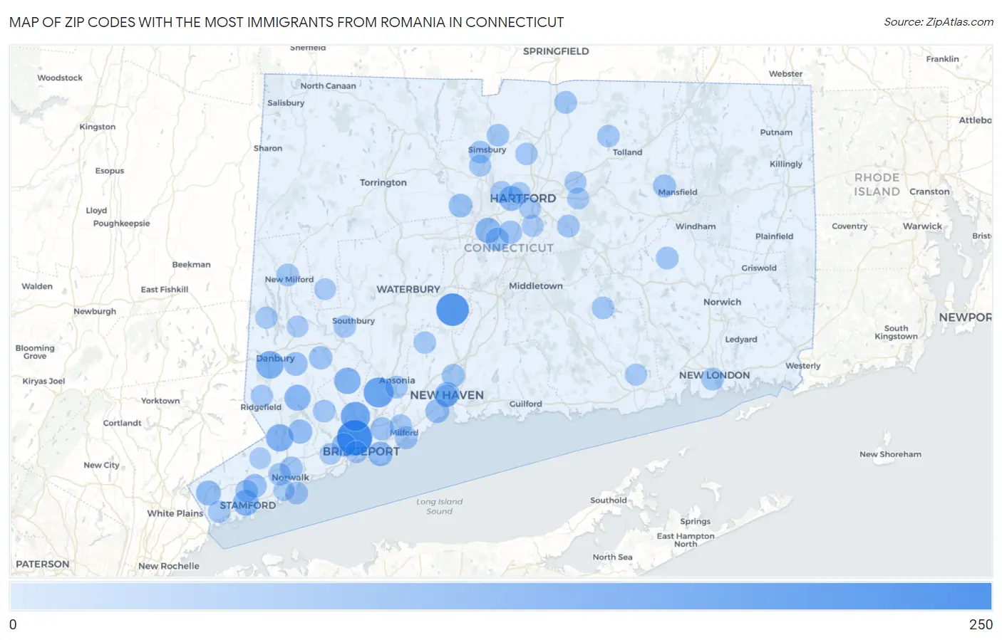 Zip Codes with the Most Immigrants from Romania in Connecticut Map