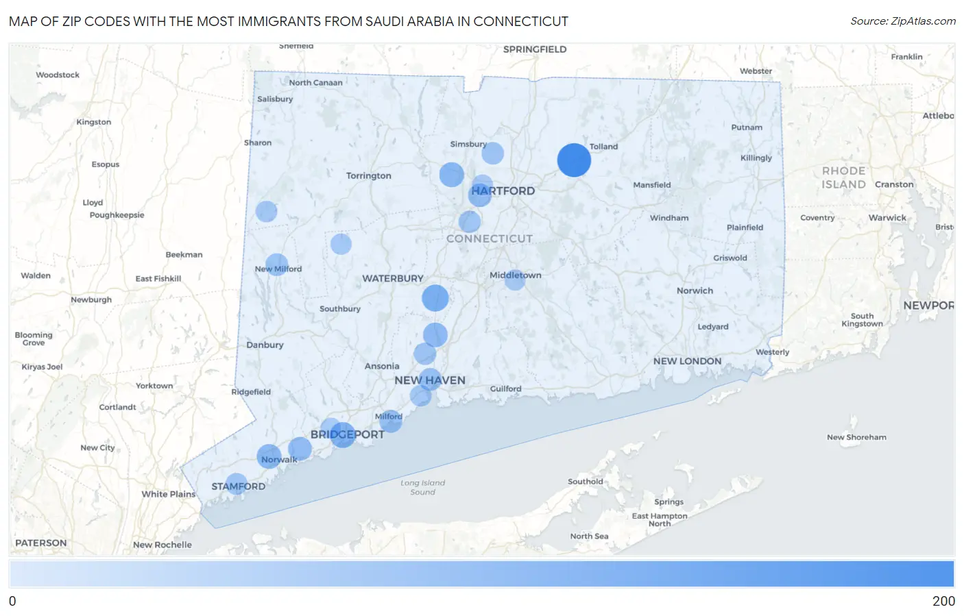 Zip Codes with the Most Immigrants from Saudi Arabia in Connecticut Map