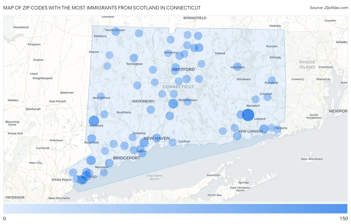 Zip Codes with the Most Immigrants from Scotland in Connecticut Map