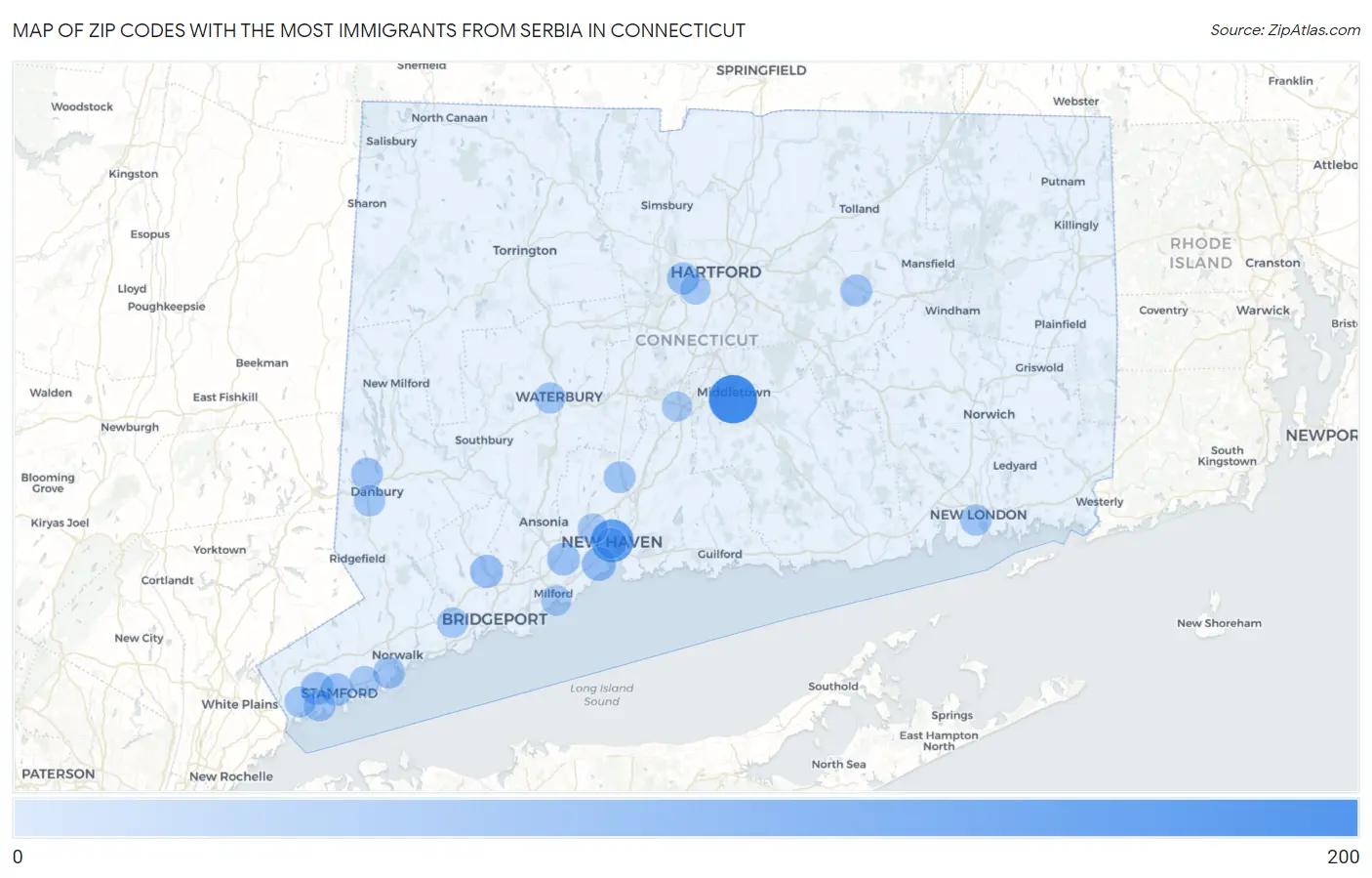 Zip Codes with the Most Immigrants from Serbia in Connecticut Map