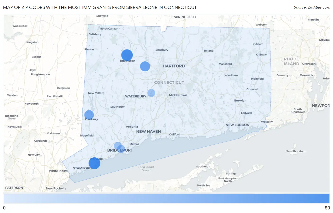 Zip Codes with the Most Immigrants from Sierra Leone in Connecticut Map