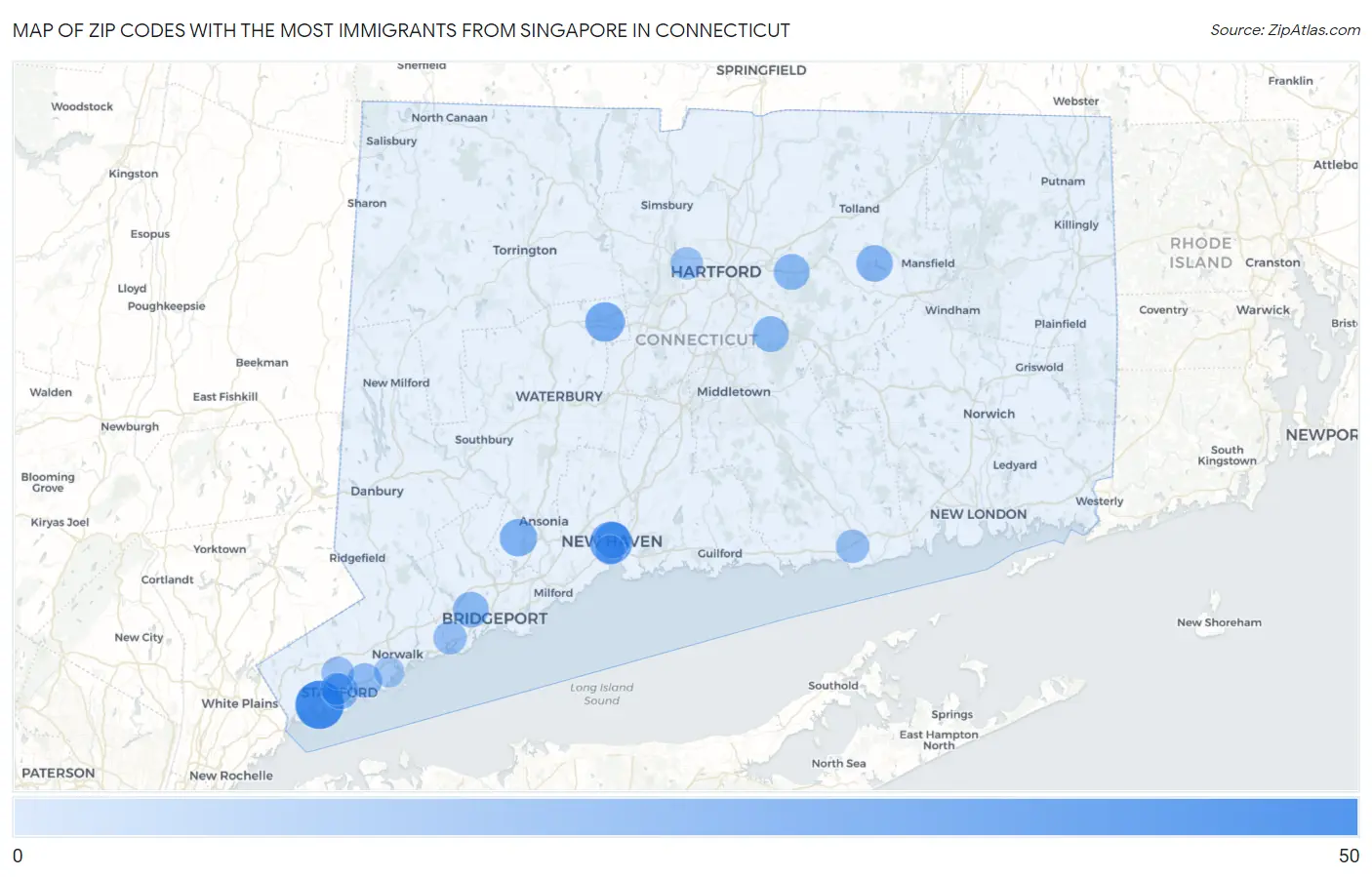 Zip Codes with the Most Immigrants from Singapore in Connecticut Map