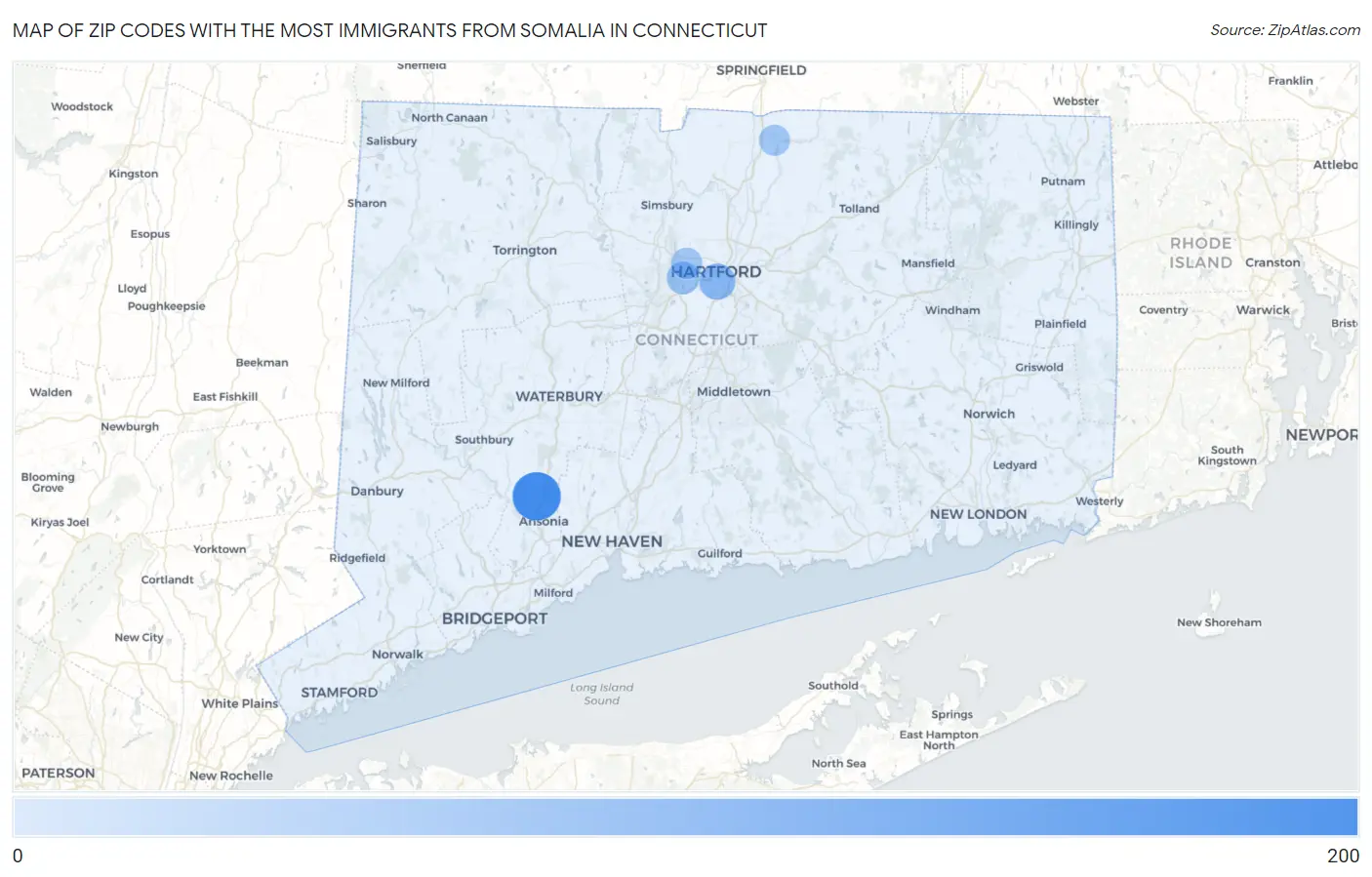 Zip Codes with the Most Immigrants from Somalia in Connecticut Map