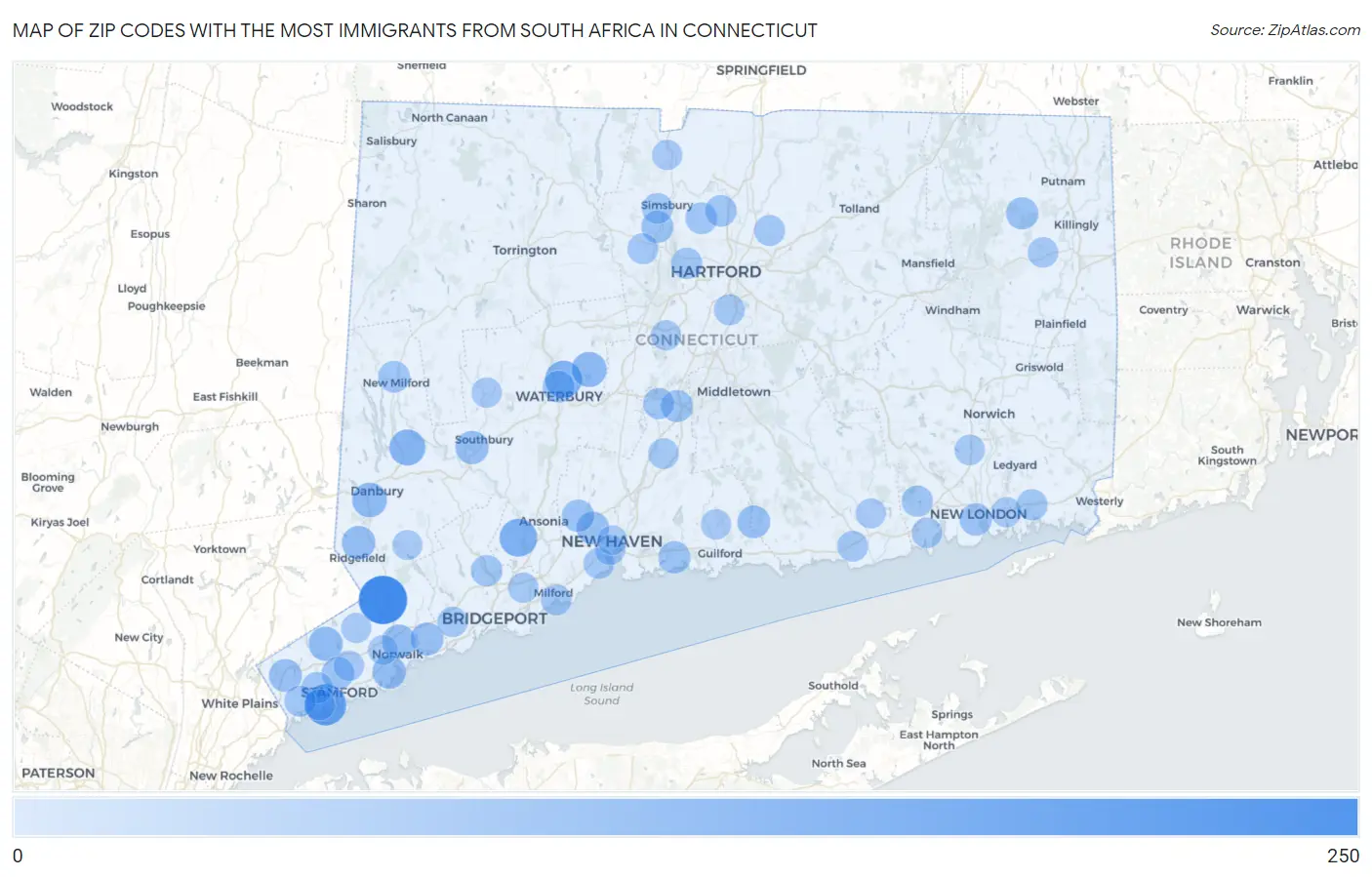 Zip Codes with the Most Immigrants from South Africa in Connecticut Map