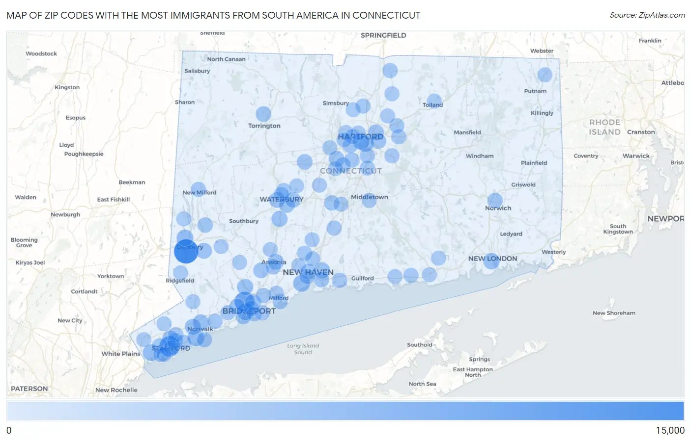 Zip Codes with the Most Immigrants from South America in Connecticut Map