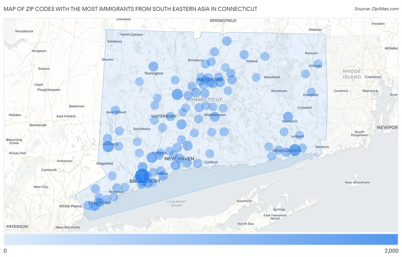 Zip Codes with the Most Immigrants from South Eastern Asia in Connecticut Map