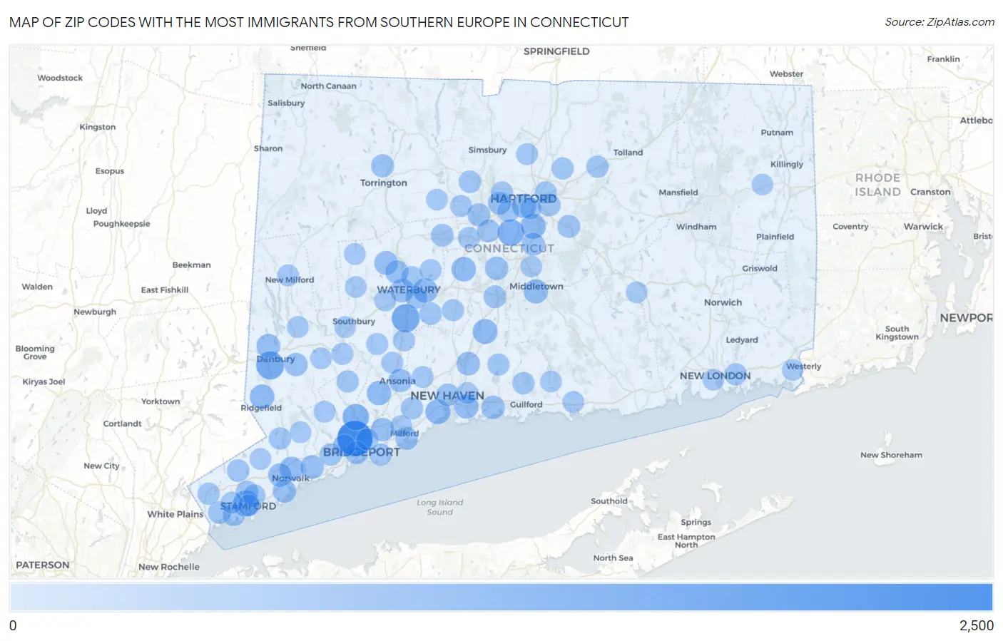 Zip Codes with the Most Immigrants from Southern Europe in Connecticut Map