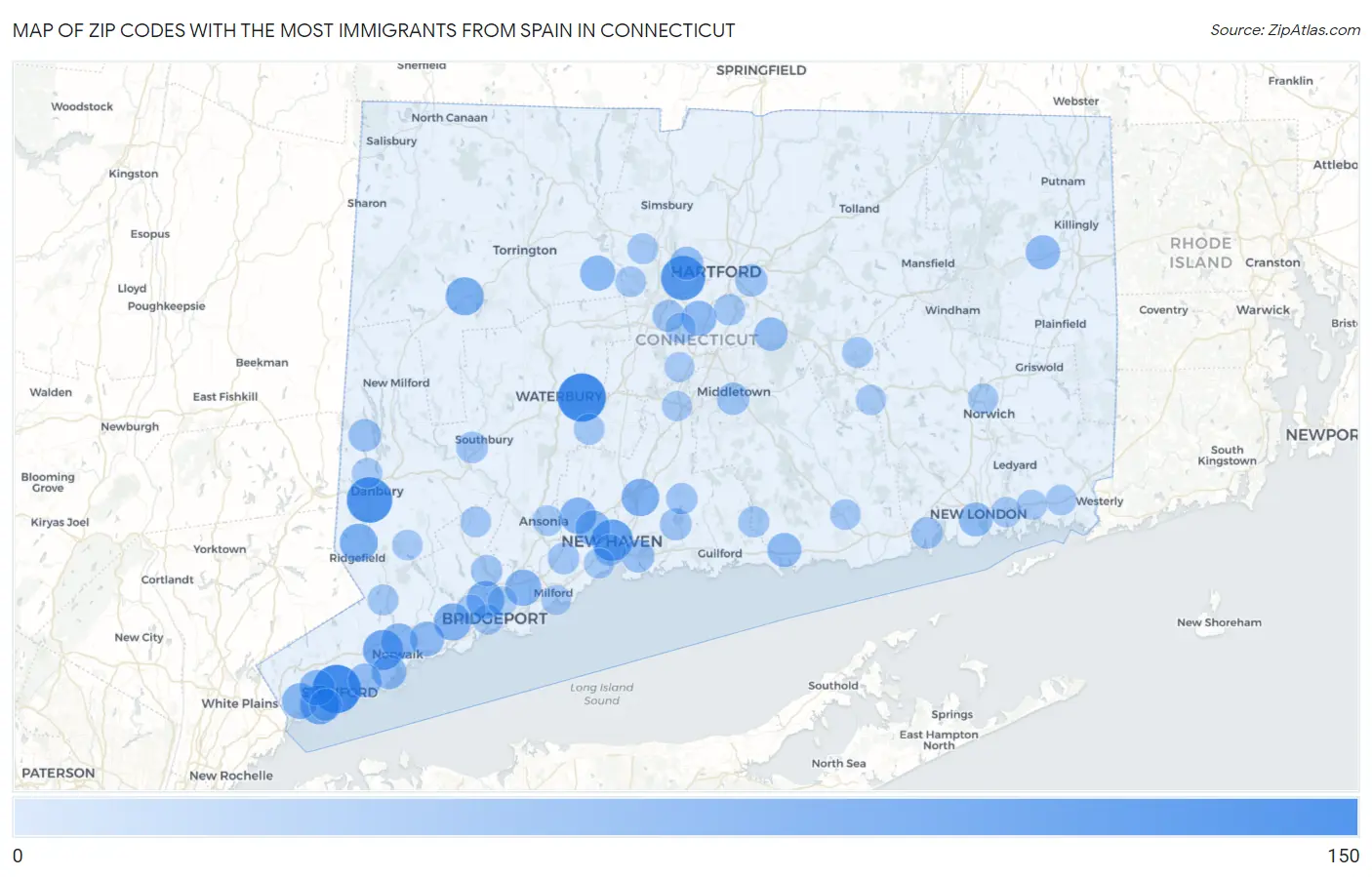 Zip Codes with the Most Immigrants from Spain in Connecticut Map
