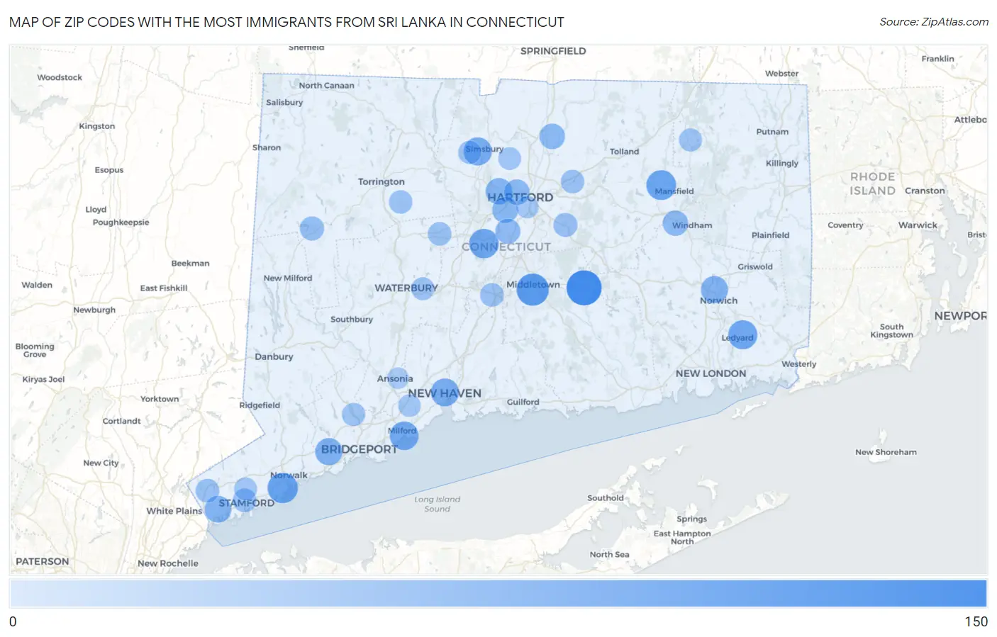 Zip Codes with the Most Immigrants from Sri Lanka in Connecticut Map