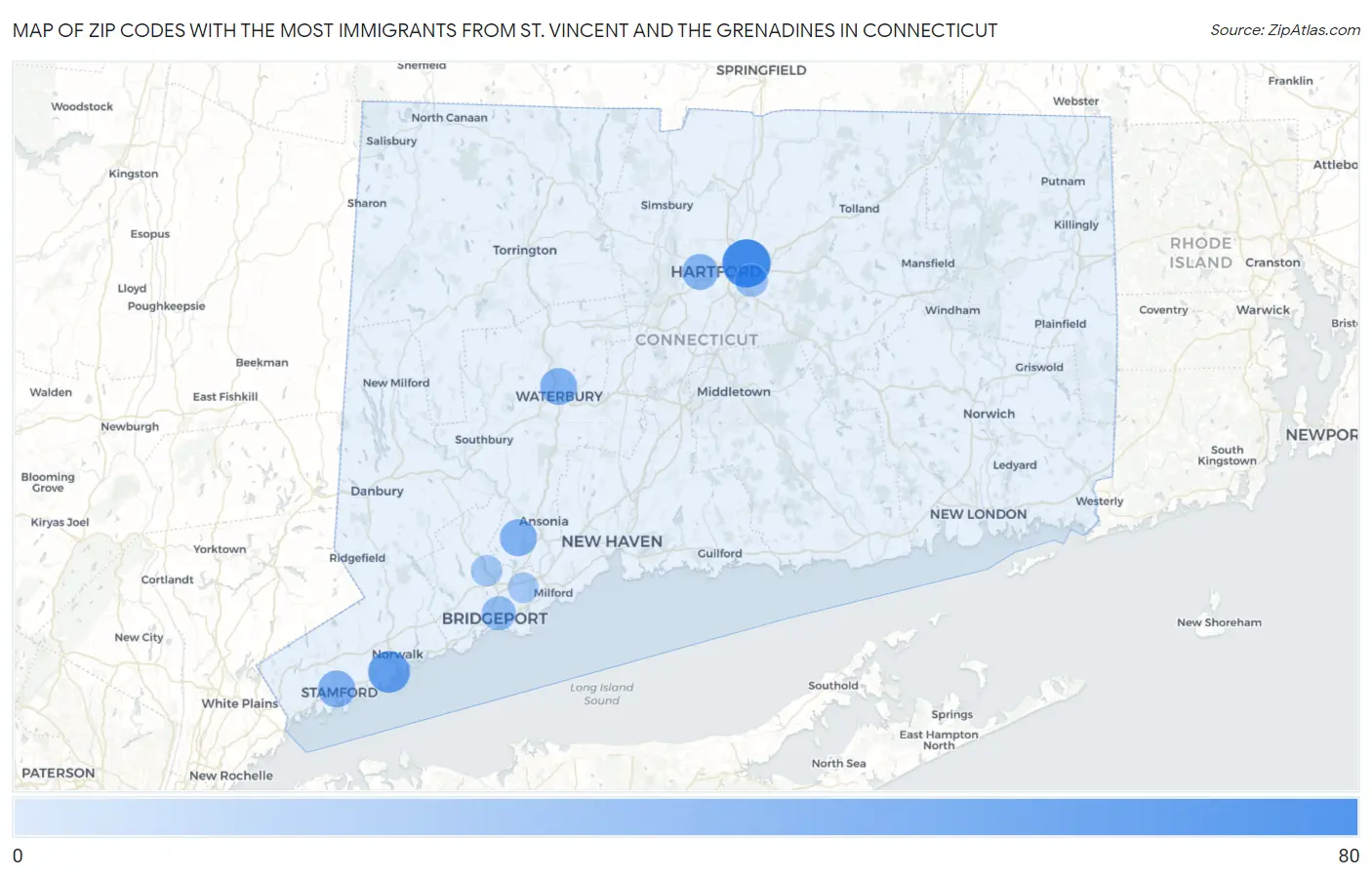 Zip Codes with the Most Immigrants from St. Vincent and the Grenadines in Connecticut Map