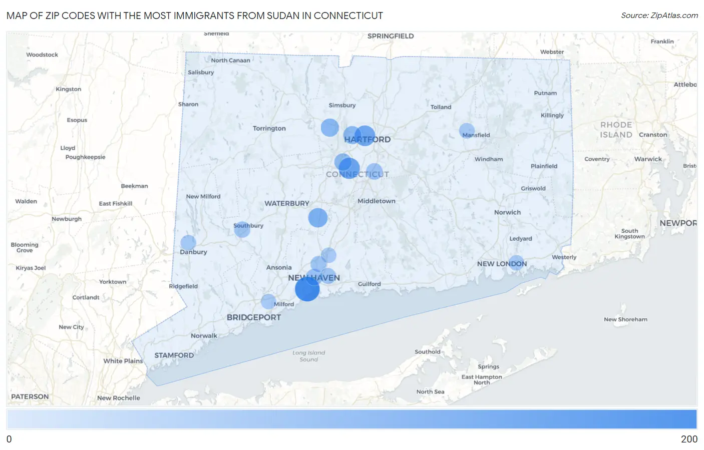 Zip Codes with the Most Immigrants from Sudan in Connecticut Map