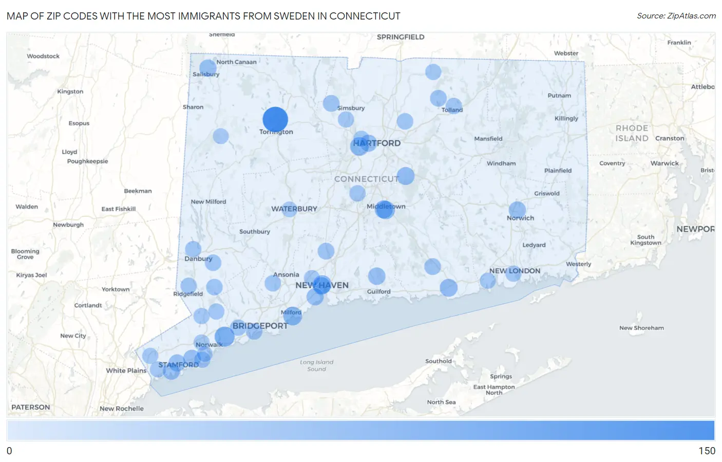 Zip Codes with the Most Immigrants from Sweden in Connecticut Map