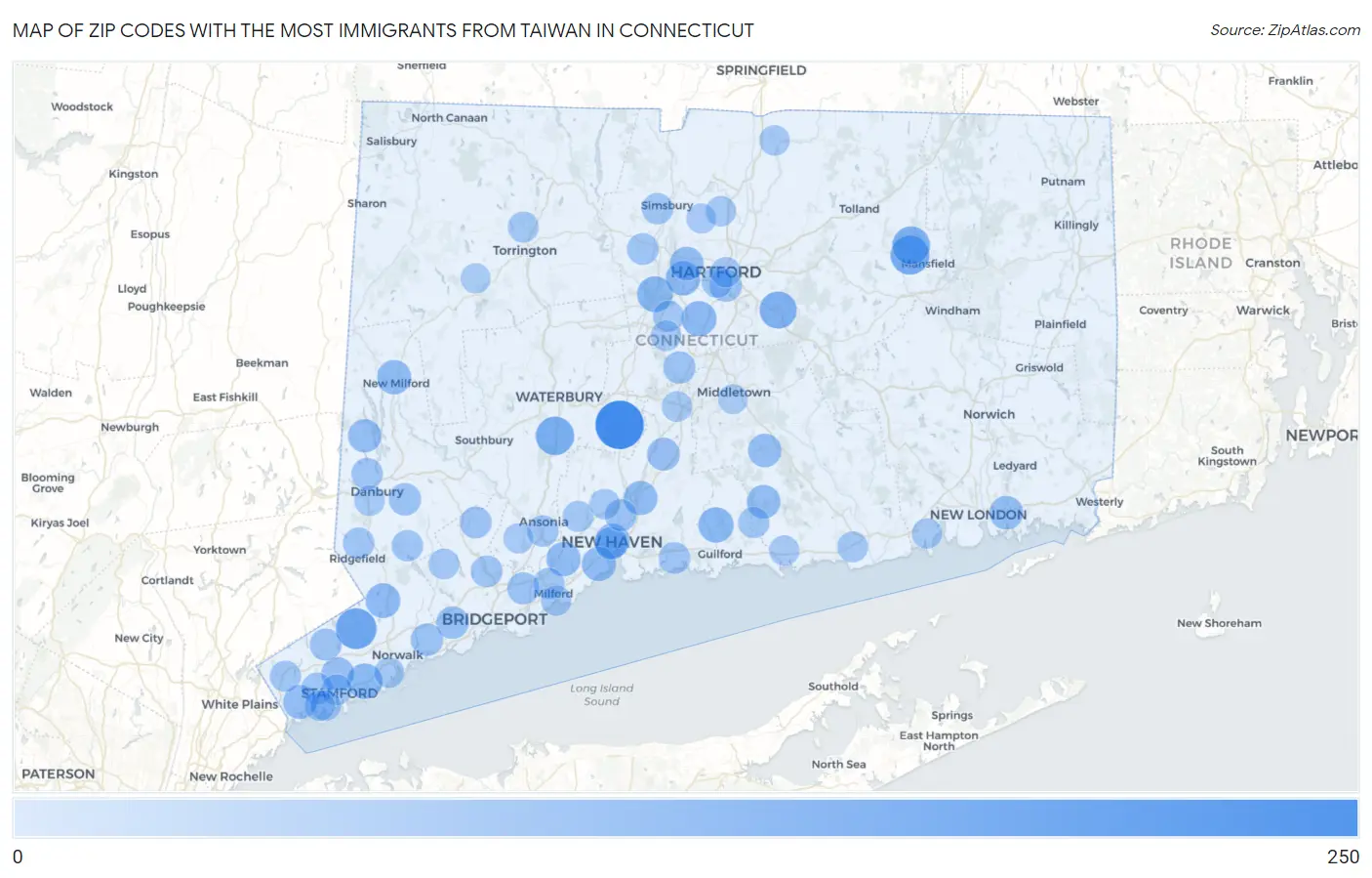 Zip Codes with the Most Immigrants from Taiwan in Connecticut Map