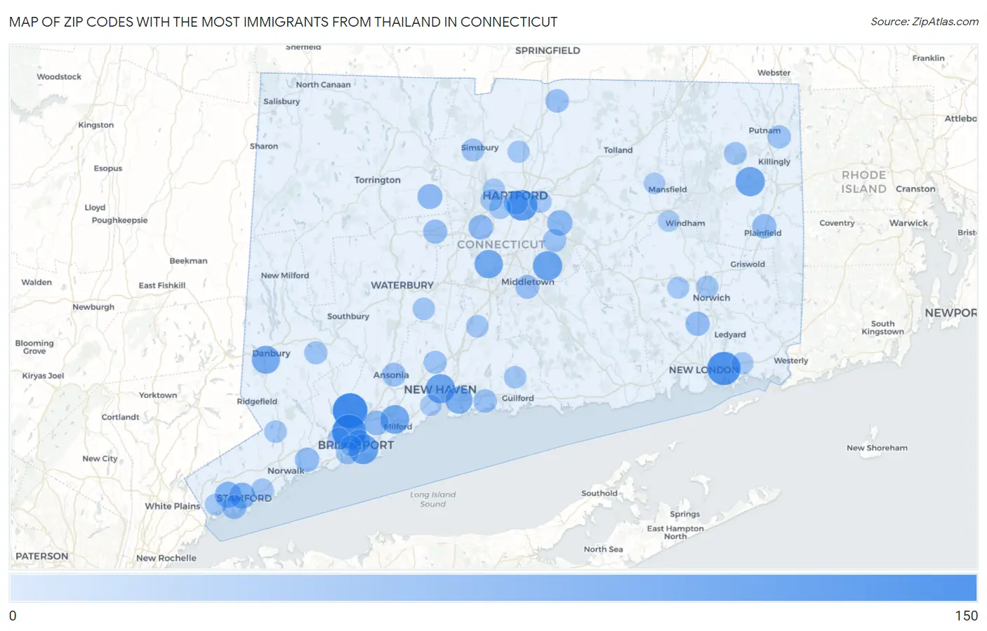 Zip Codes with the Most Immigrants from Thailand in Connecticut Map