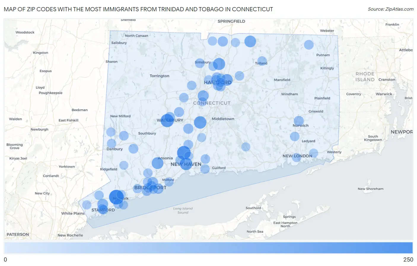 Zip Codes with the Most Immigrants from Trinidad and Tobago in Connecticut Map
