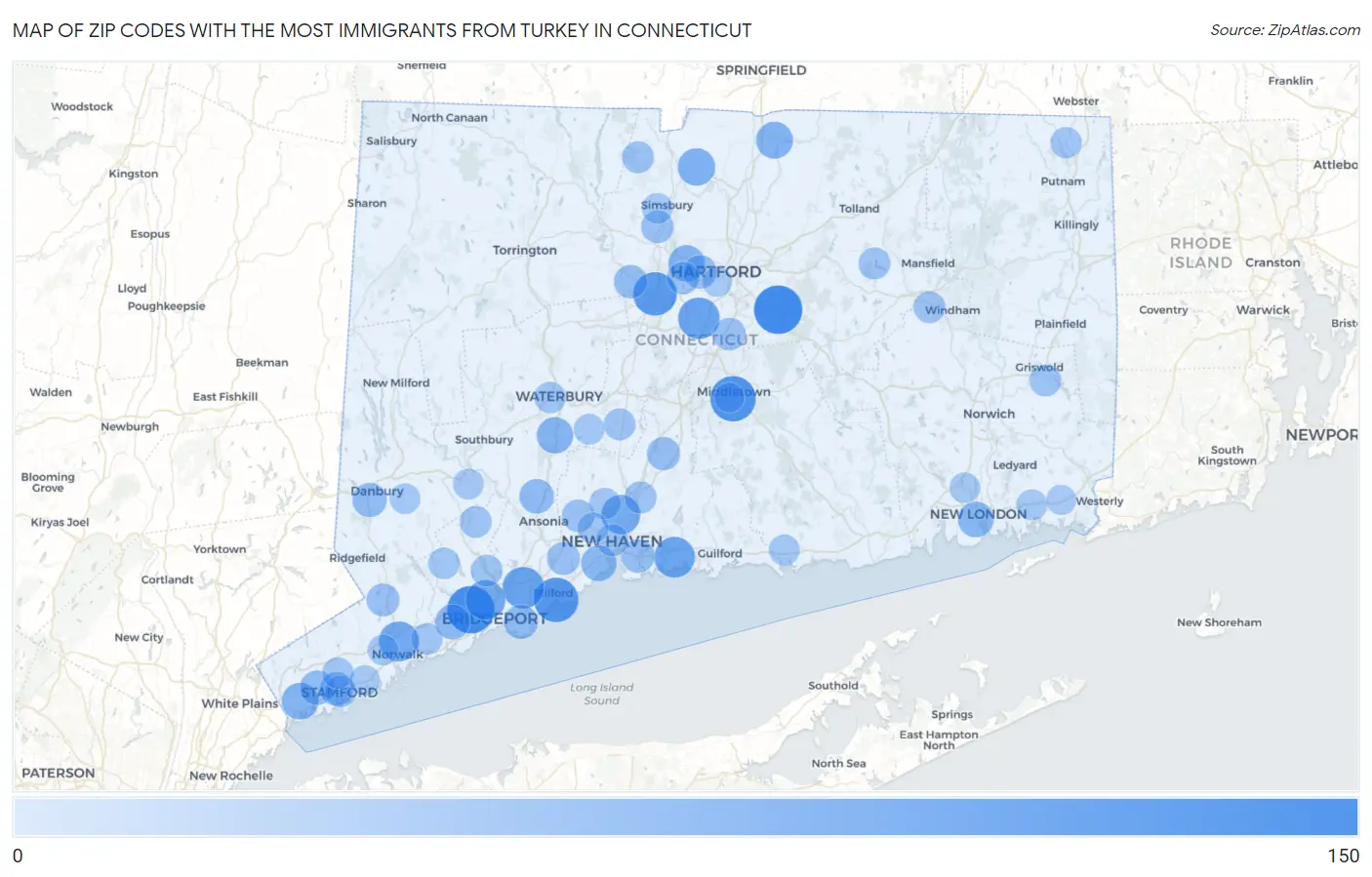 Zip Codes with the Most Immigrants from Turkey in Connecticut Map