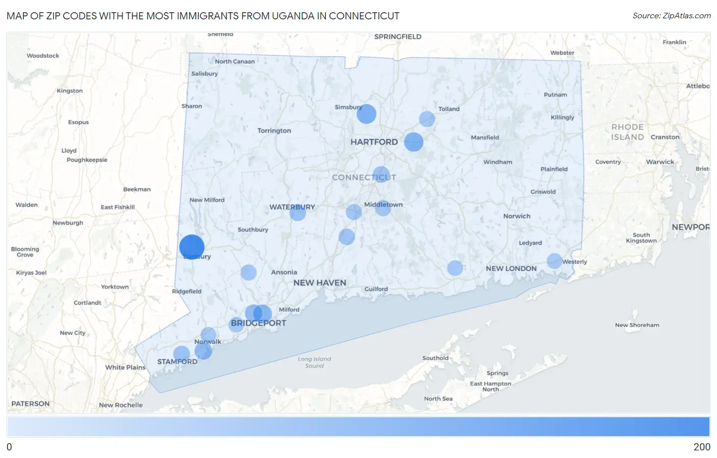 Zip Codes with the Most Immigrants from Uganda in Connecticut Map