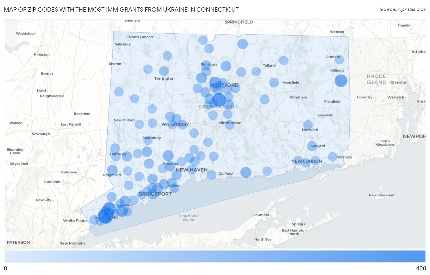 Zip Codes with the Most Immigrants from Ukraine in Connecticut Map