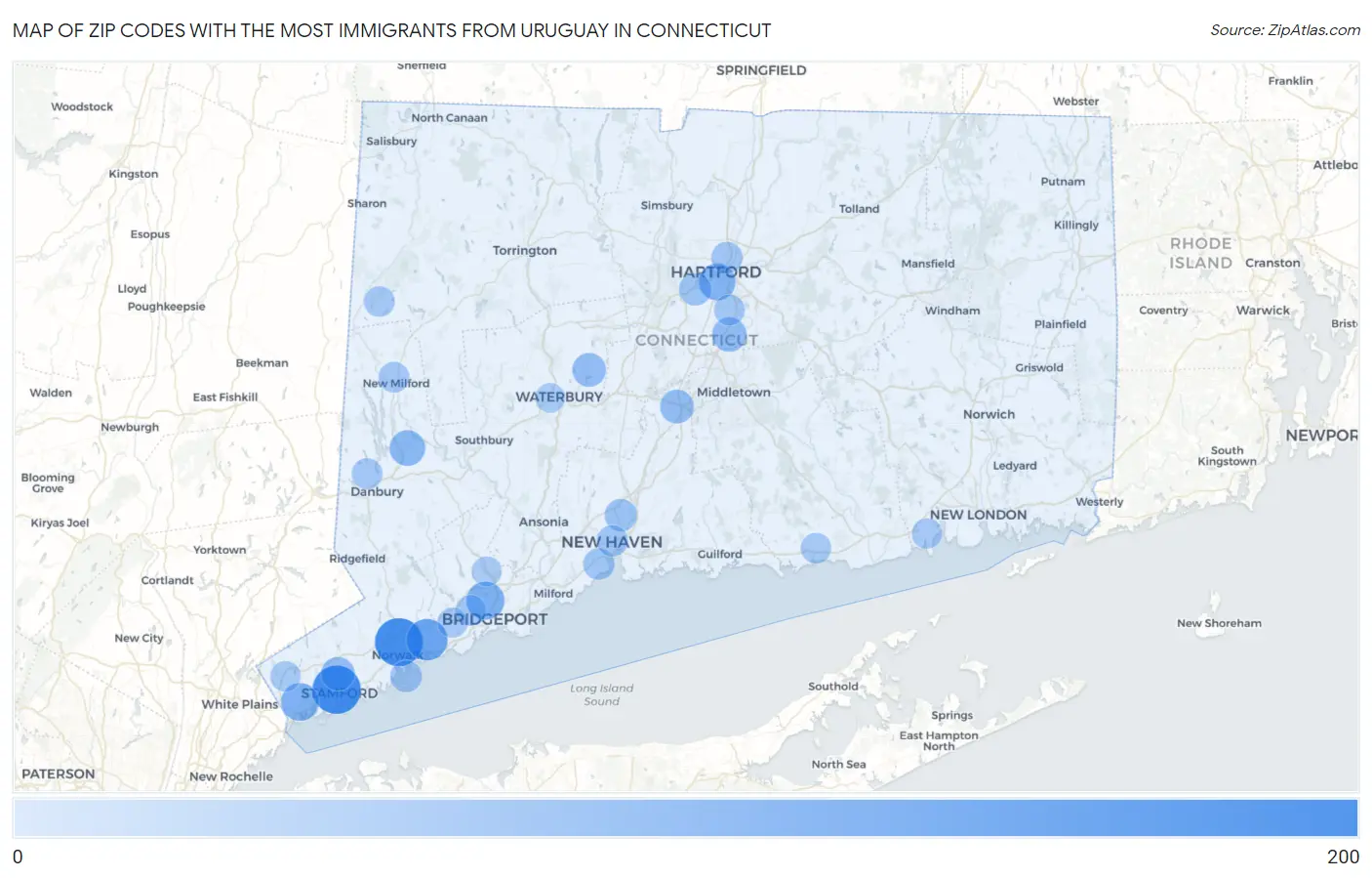 Zip Codes with the Most Immigrants from Uruguay in Connecticut Map