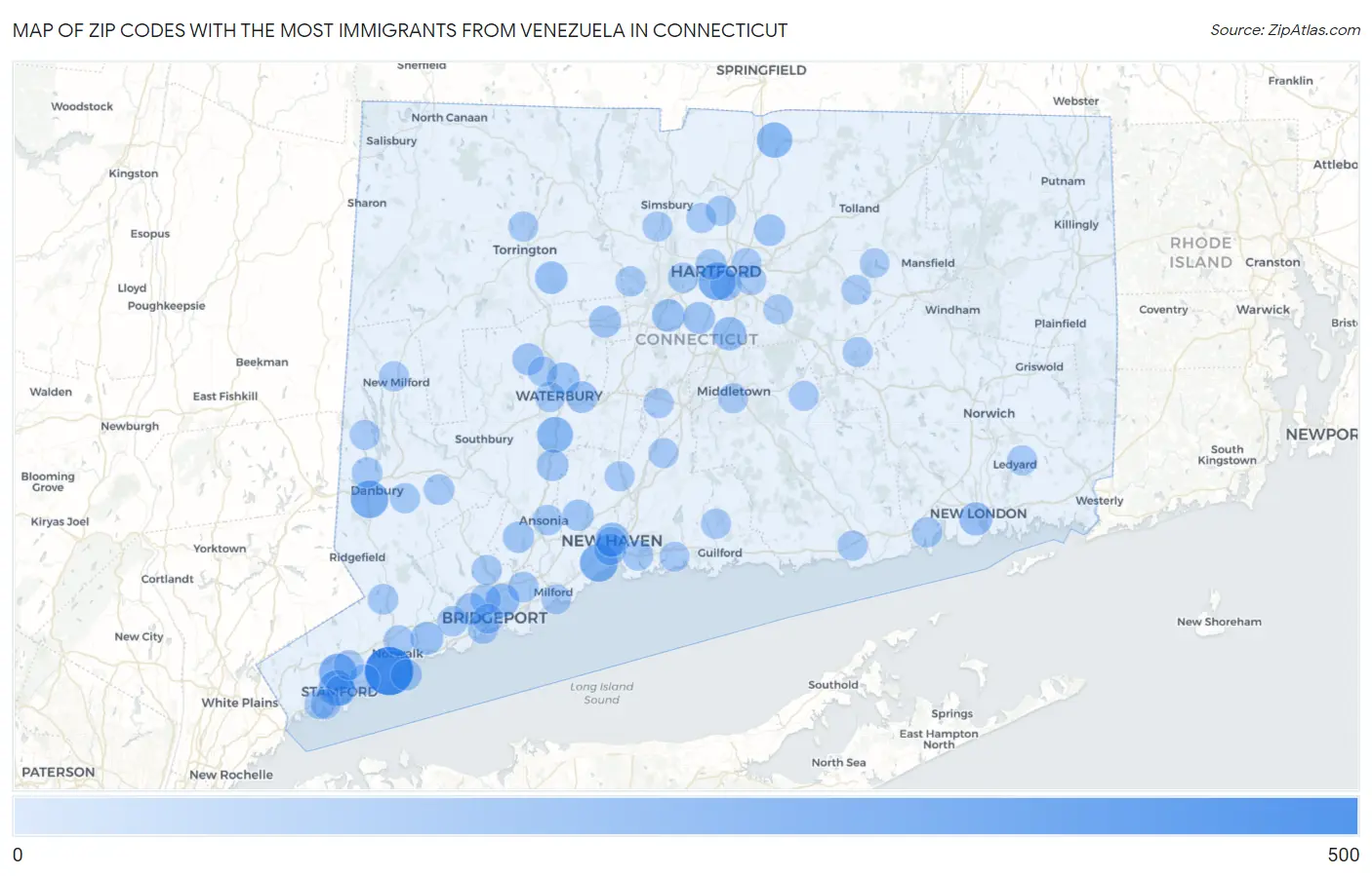 Zip Codes with the Most Immigrants from Venezuela in Connecticut Map