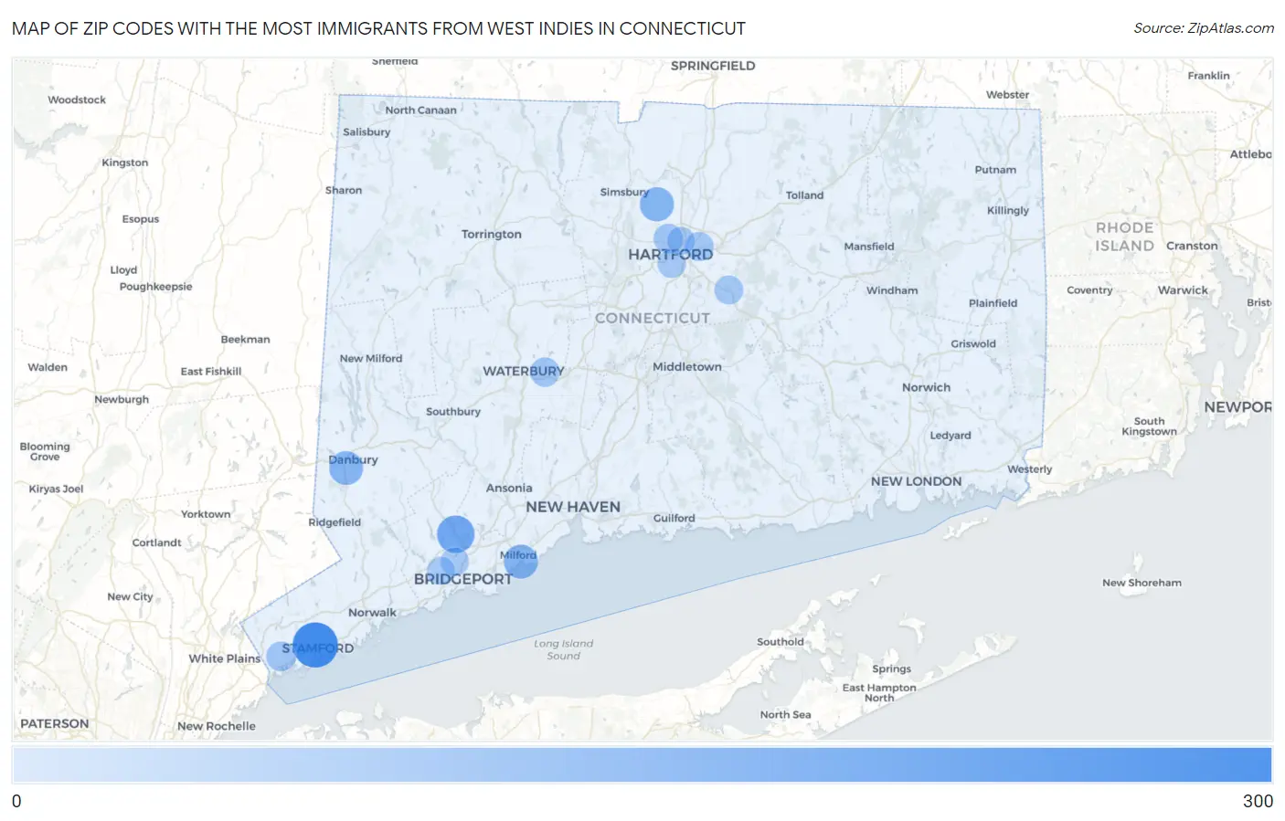 Zip Codes with the Most Immigrants from West Indies in Connecticut Map
