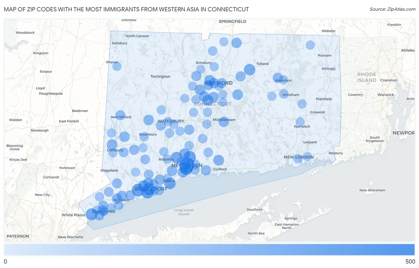 Zip Codes with the Most Immigrants from Western Asia in Connecticut Map