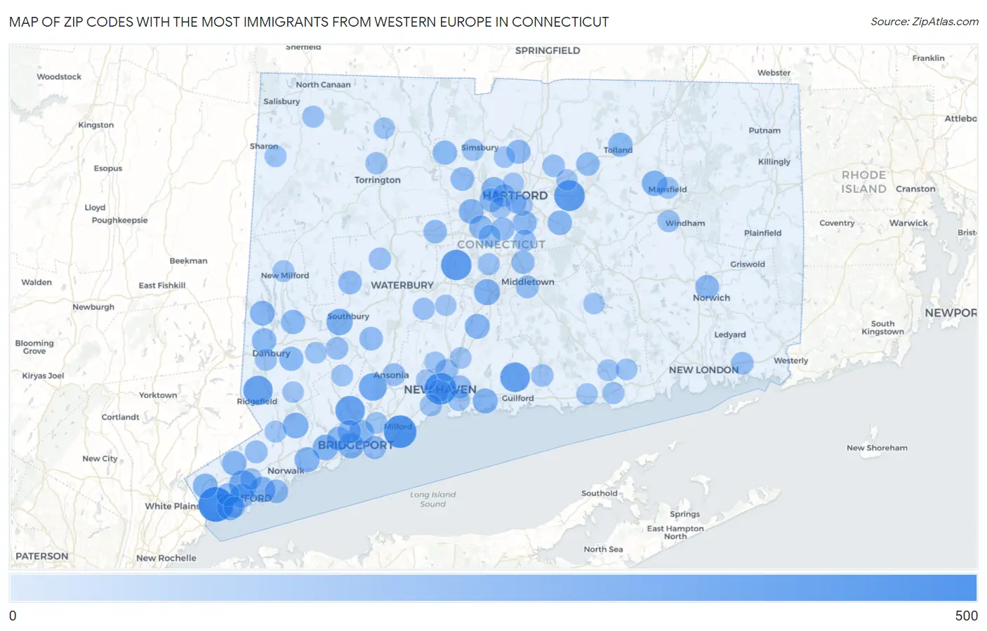 Zip Codes with the Most Immigrants from Western Europe in Connecticut Map