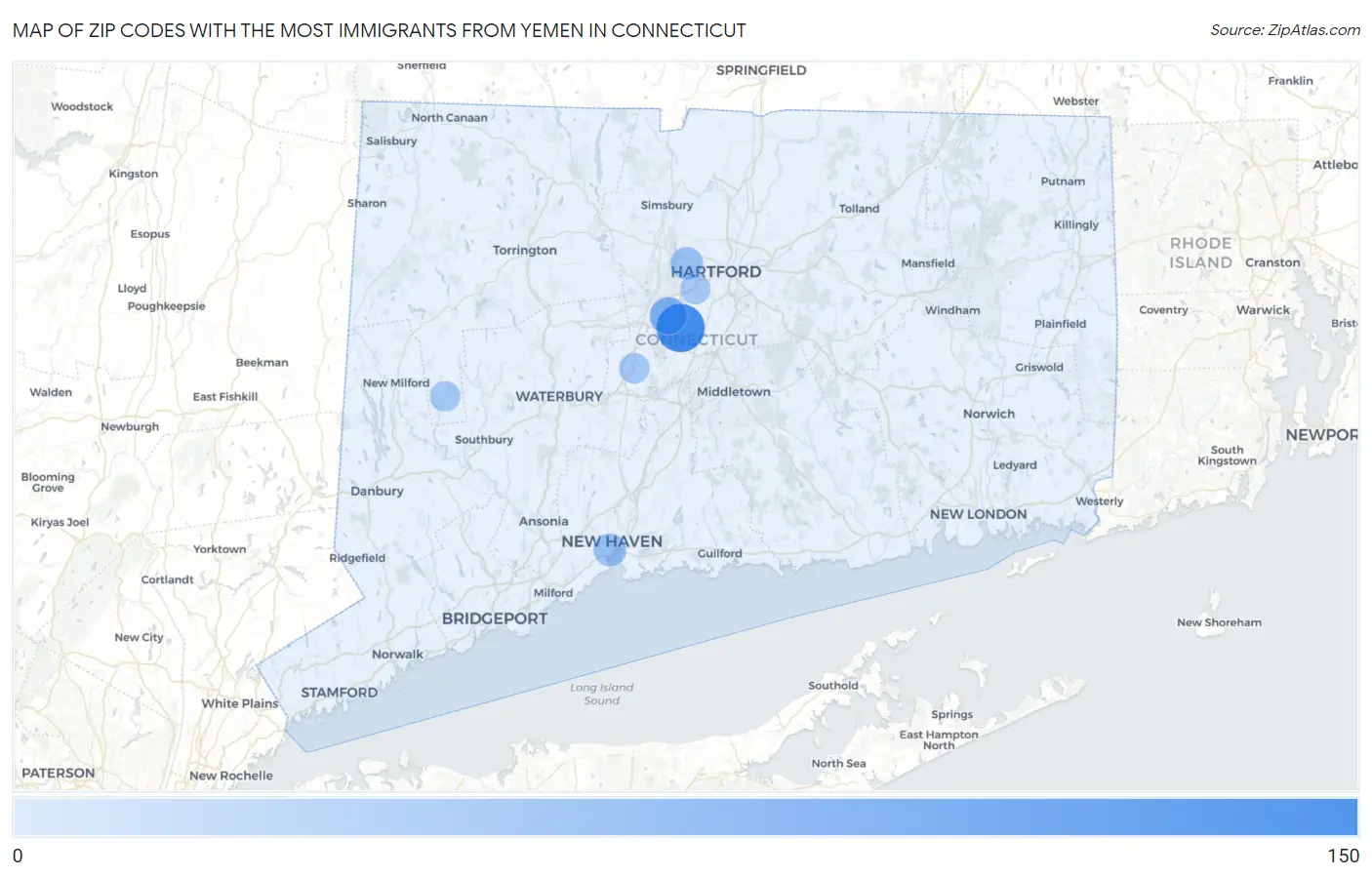 Zip Codes with the Most Immigrants from Yemen in Connecticut Map