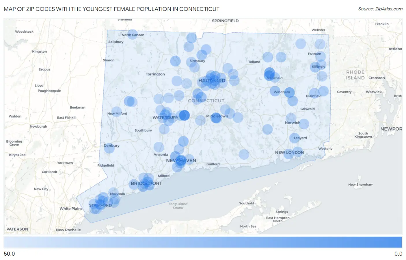 Zip Codes with the Youngest Female Population in Connecticut Map