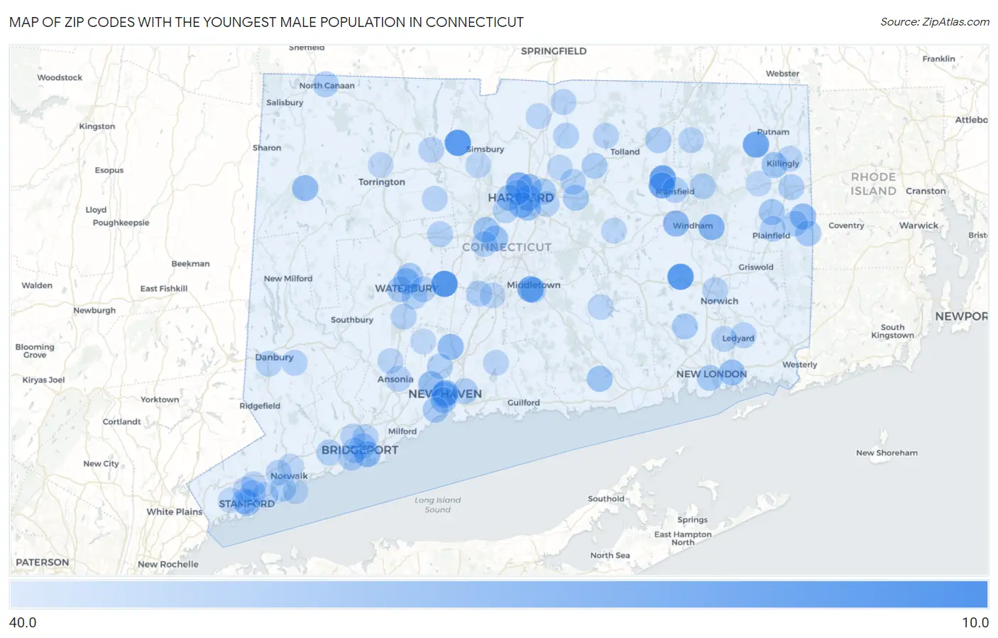 Zip Codes with the Youngest Male Population in Connecticut Map