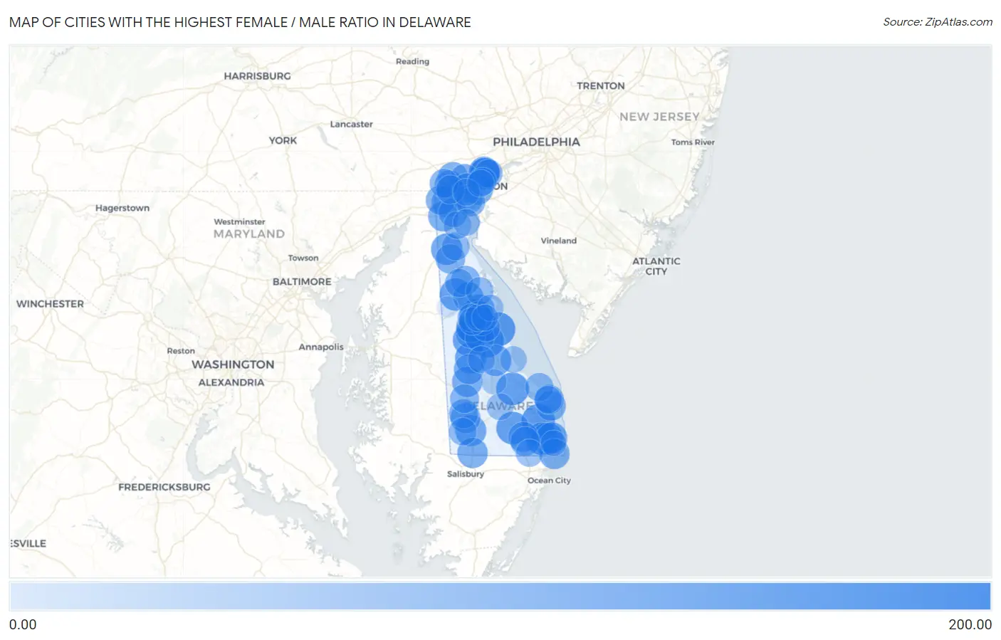 Cities with the Highest Female / Male Ratio in Delaware Map