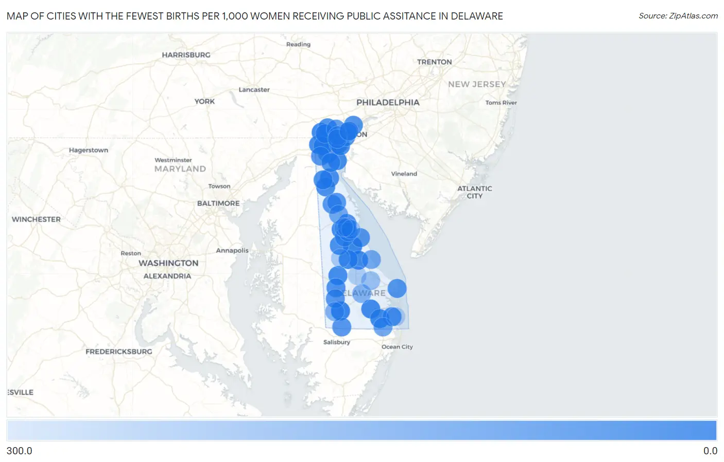 Cities with the Fewest Births per 1,000 Women Receiving Public Assitance in Delaware Map