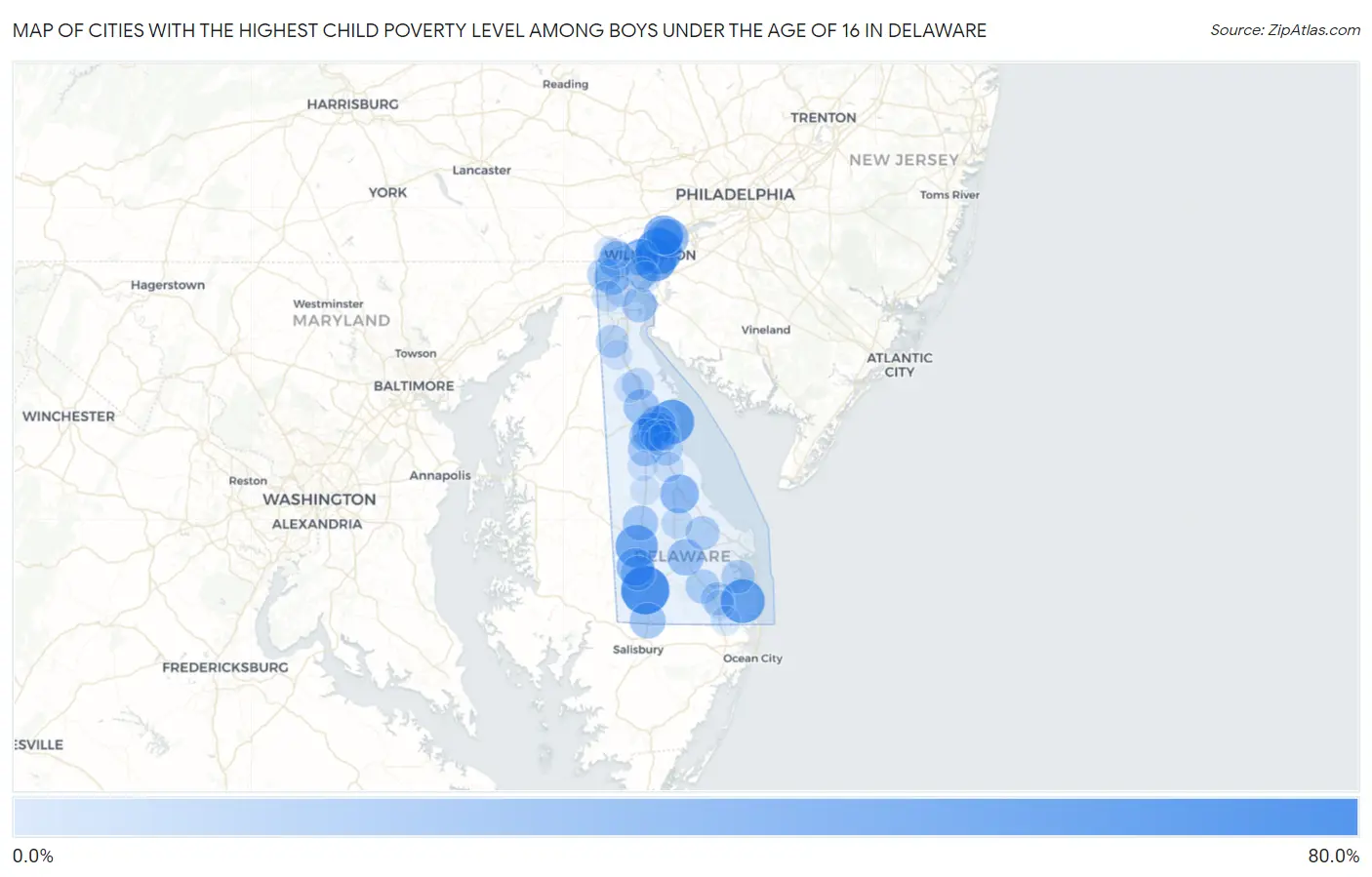 Cities with the Highest Child Poverty Level Among Boys Under the Age of 16 in Delaware Map