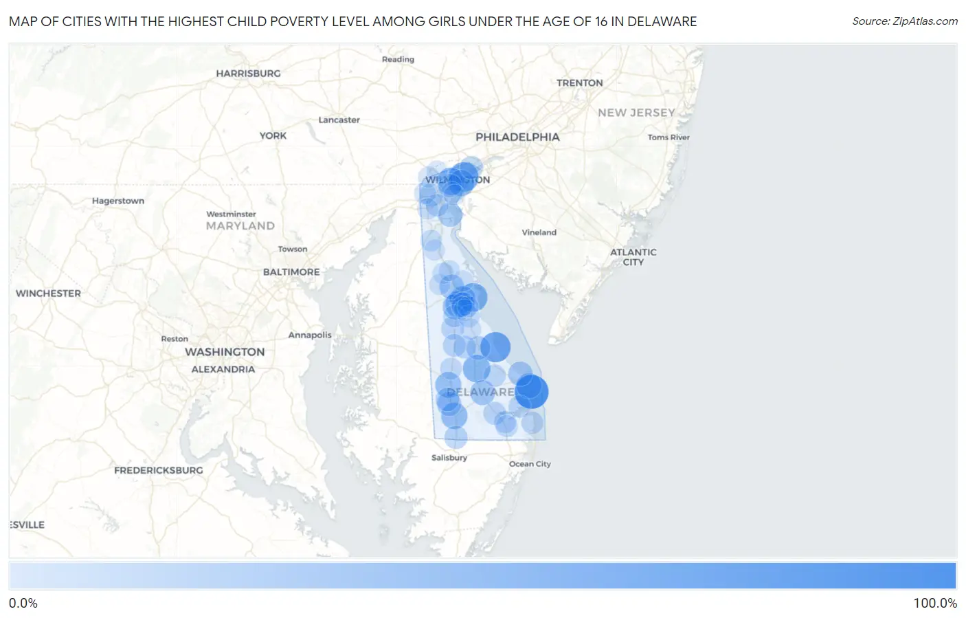 Cities with the Highest Child Poverty Level Among Girls Under the Age of 16 in Delaware Map