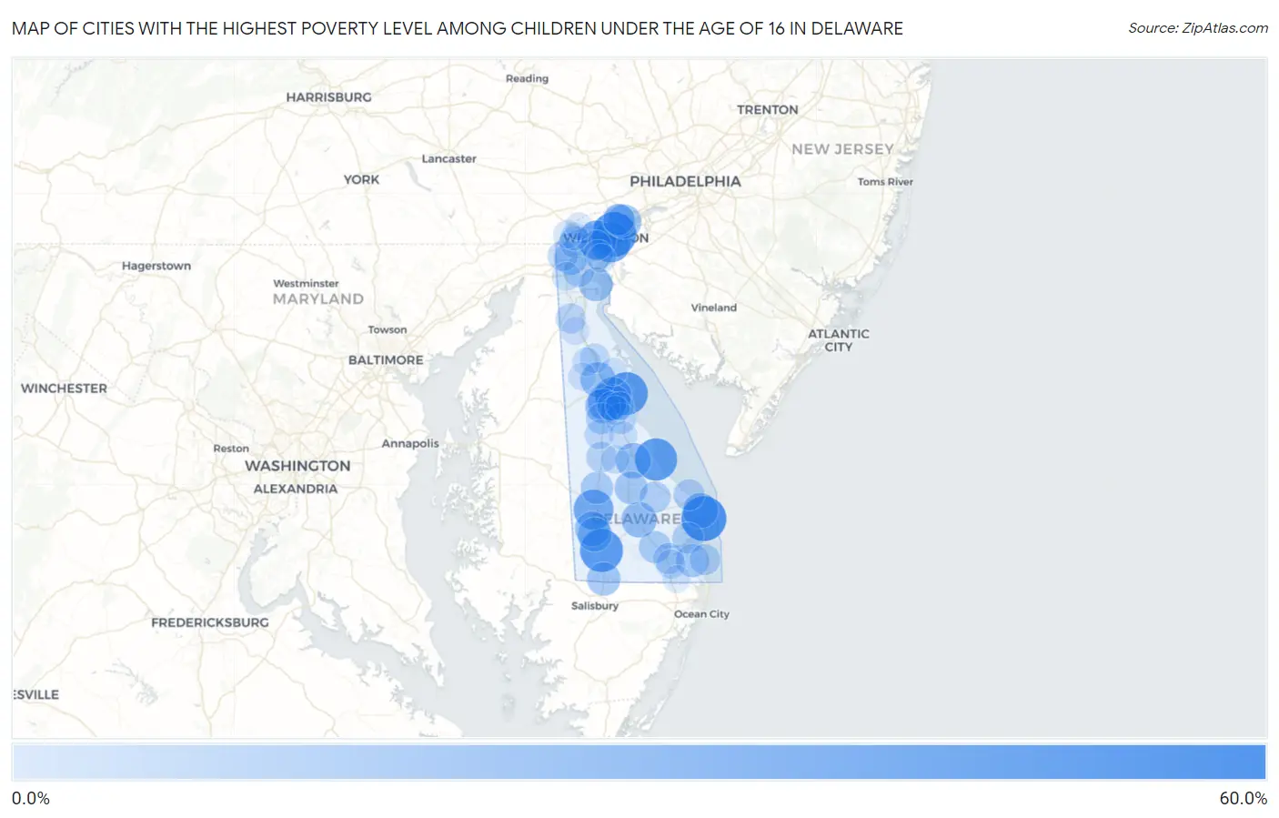Cities with the Highest Poverty Level Among Children Under the Age of 16 in Delaware Map