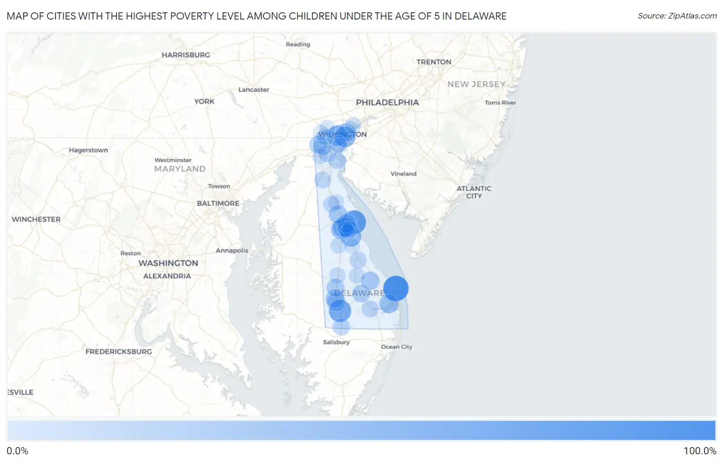 Cities with the Highest Poverty Level Among Children Under the Age of 5 in Delaware Map