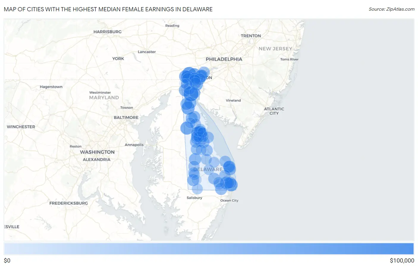 Cities with the Highest Median Female Earnings in Delaware Map
