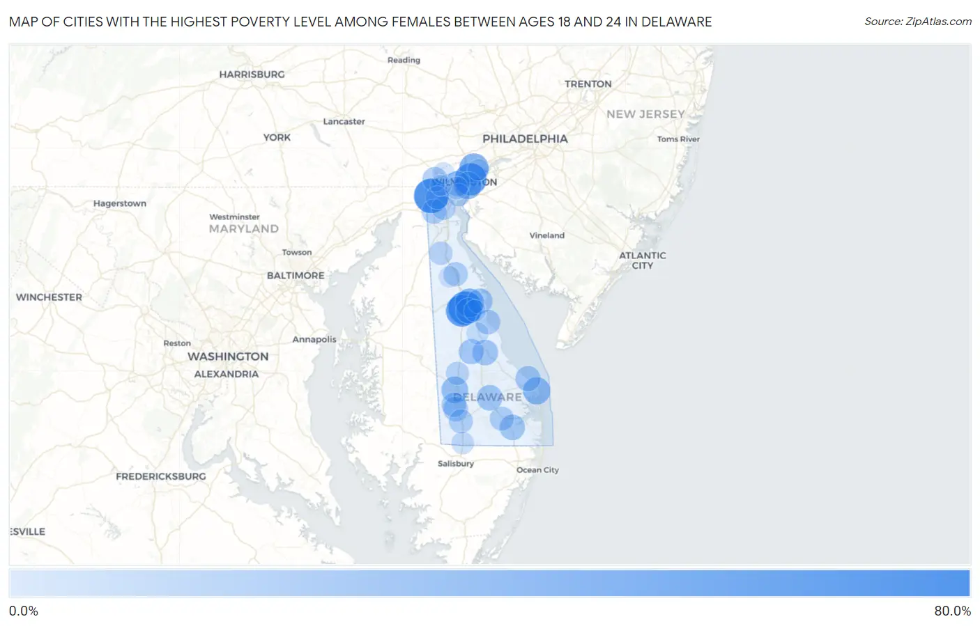 Cities with the Highest Poverty Level Among Females Between Ages 18 and 24 in Delaware Map