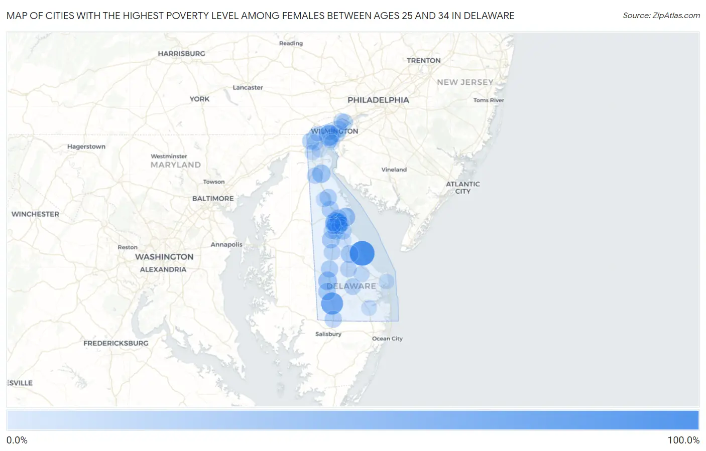 Cities with the Highest Poverty Level Among Females Between Ages 25 and 34 in Delaware Map