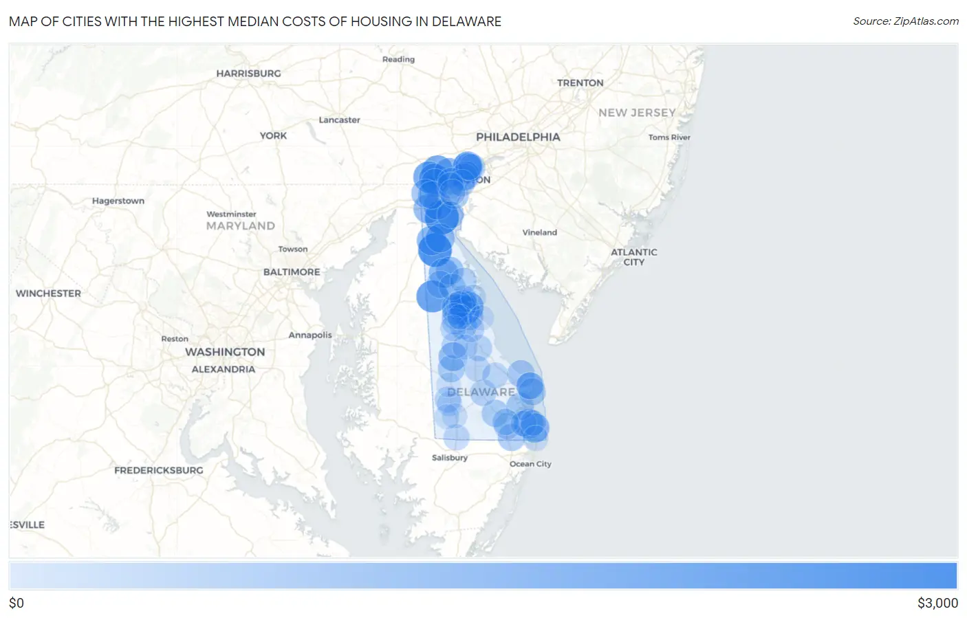 Cities with the Highest Median Costs of Housing in Delaware Map