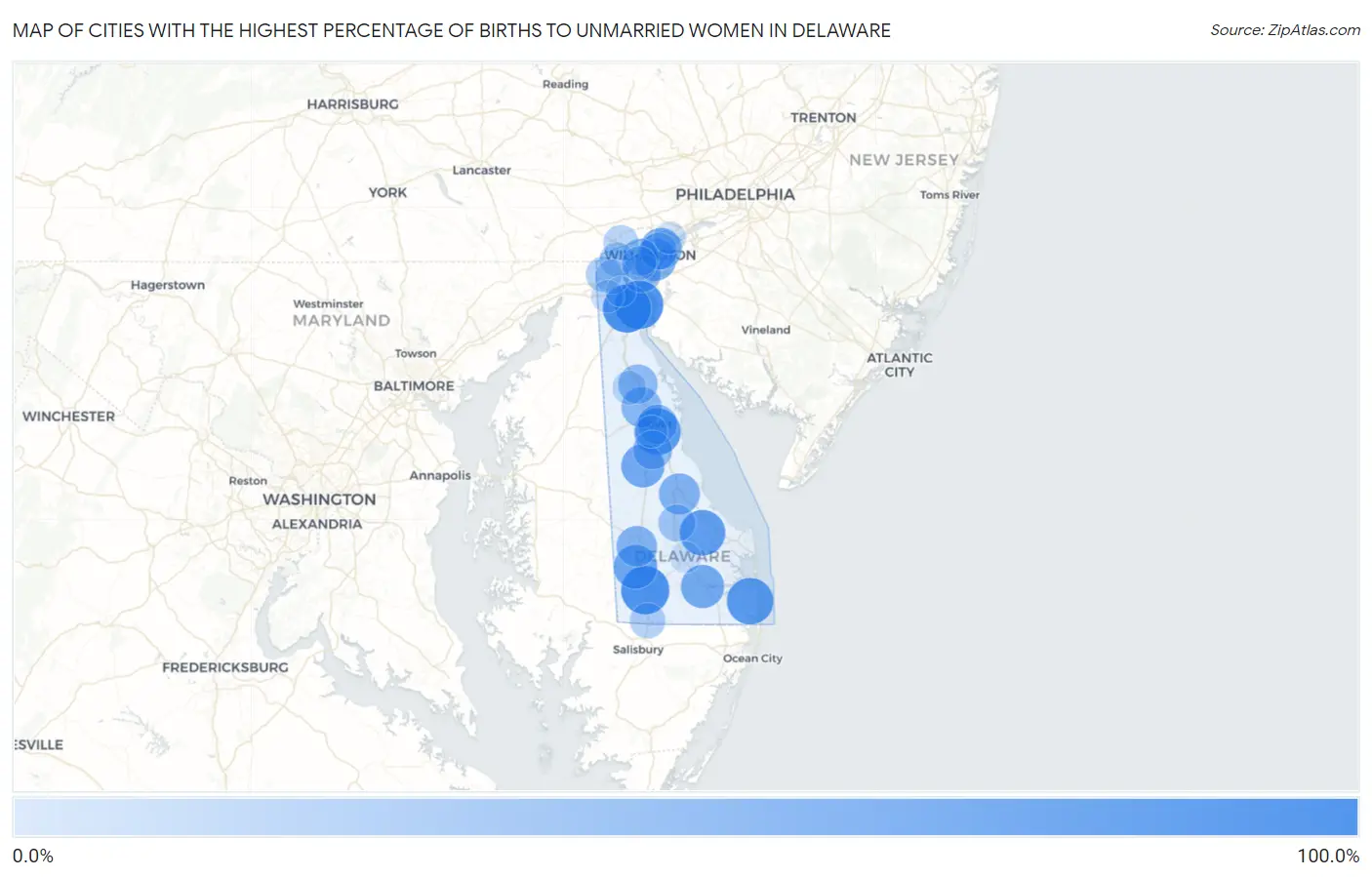 Cities with the Highest Percentage of Births to Unmarried Women in Delaware Map