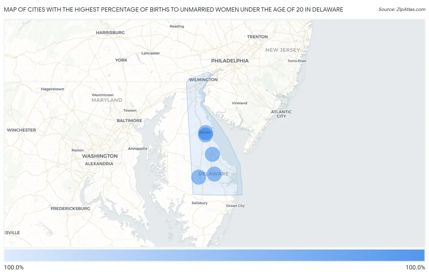 Cities with the Highest Percentage of Births to Unmarried Women under the Age of 20 in Delaware Map