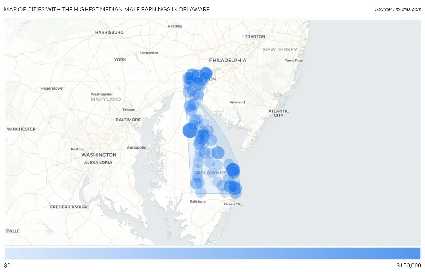 Cities with the Highest Median Male Earnings in Delaware Map