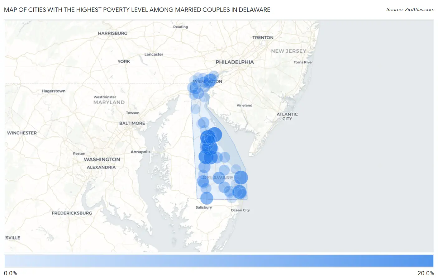 Cities with the Highest Poverty Level Among Married Couples in Delaware Map