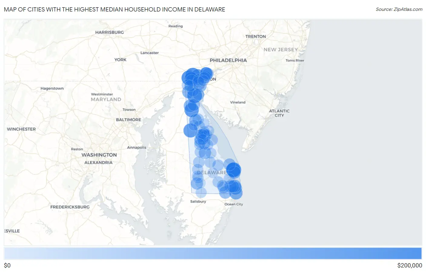 Cities with the Highest Median Household Income in Delaware Map