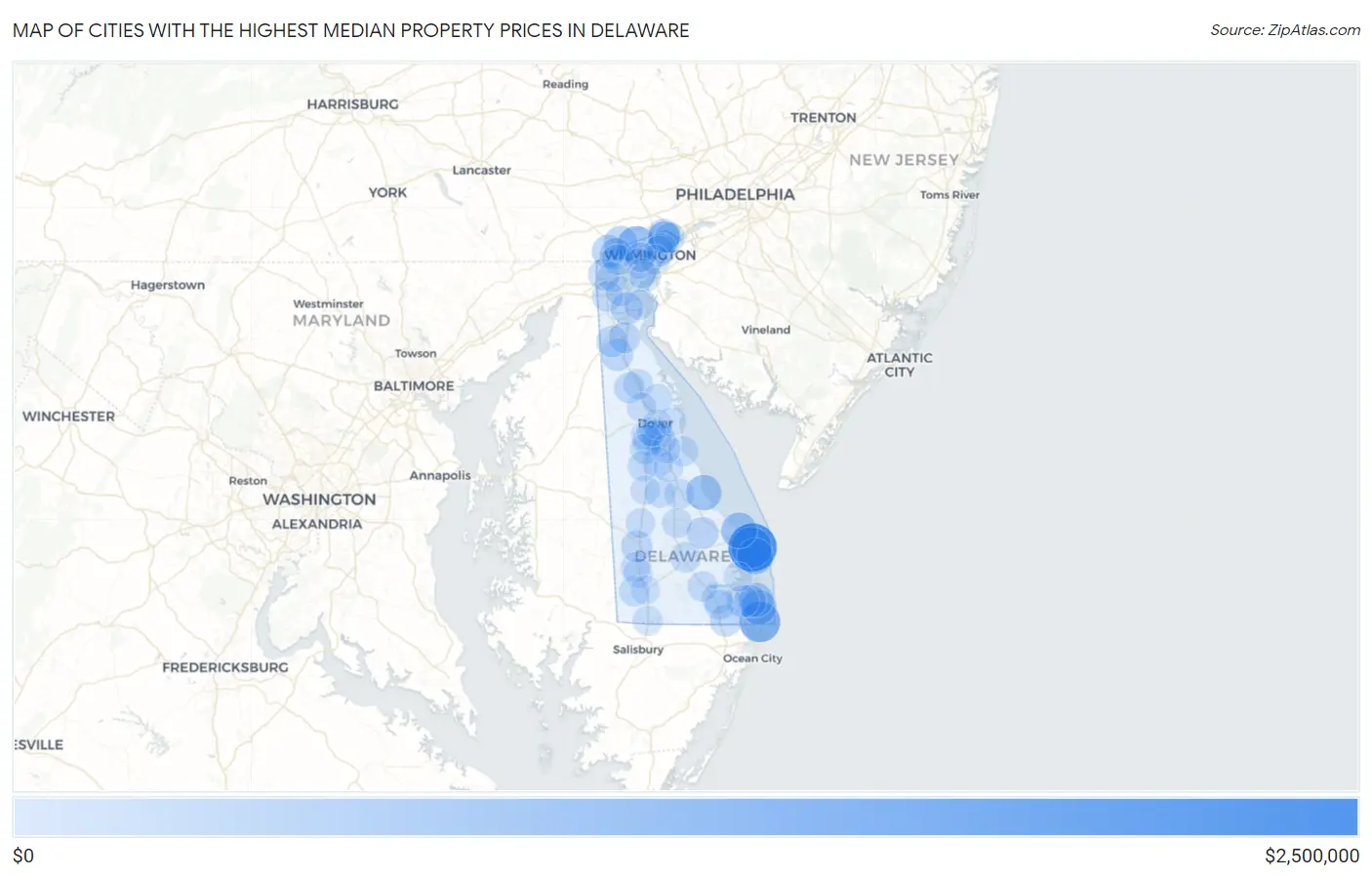 Cities with the Highest Median Property Prices in Delaware Map