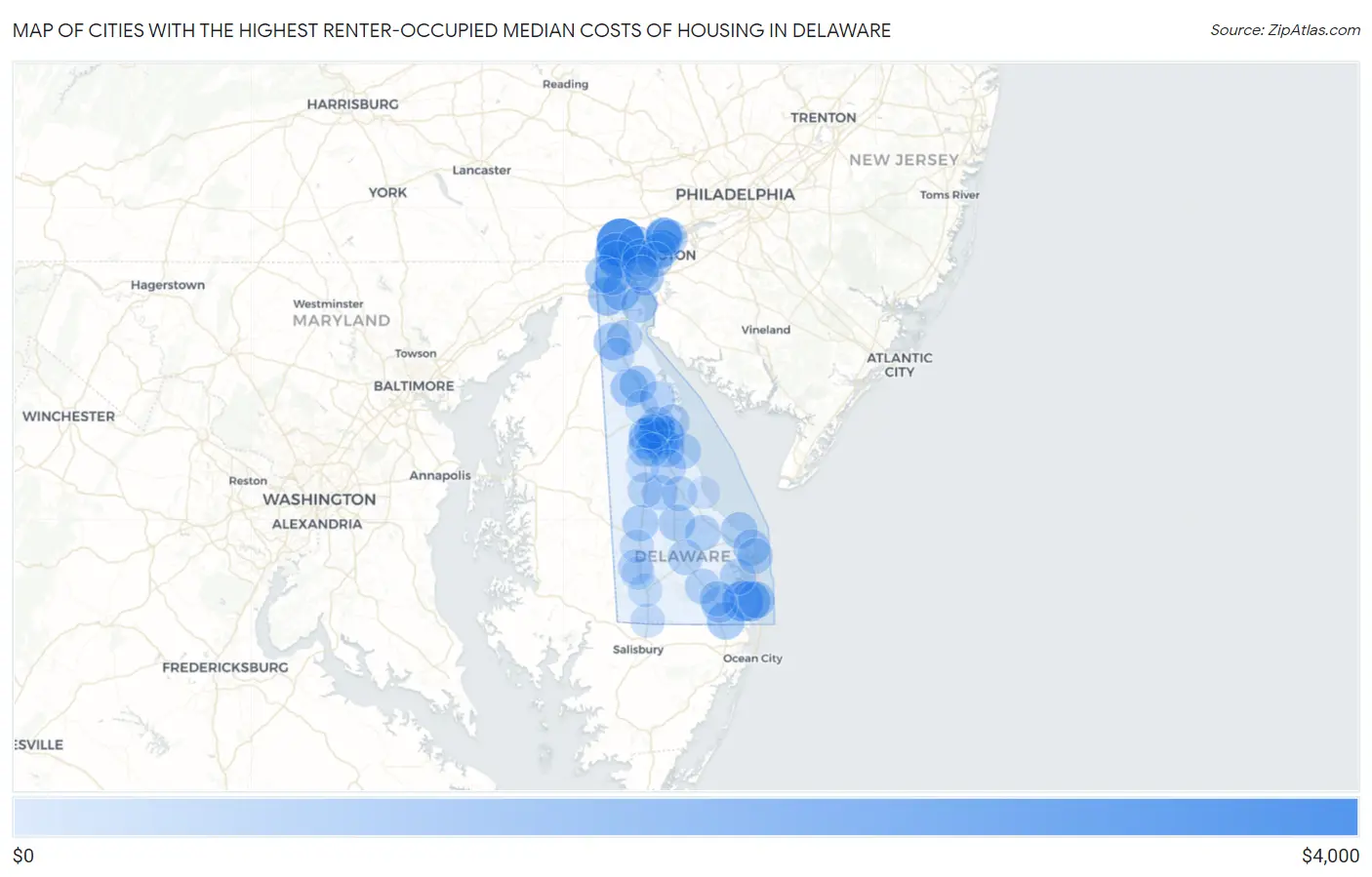 Cities with the Highest Renter-Occupied Median Costs of Housing in Delaware Map
