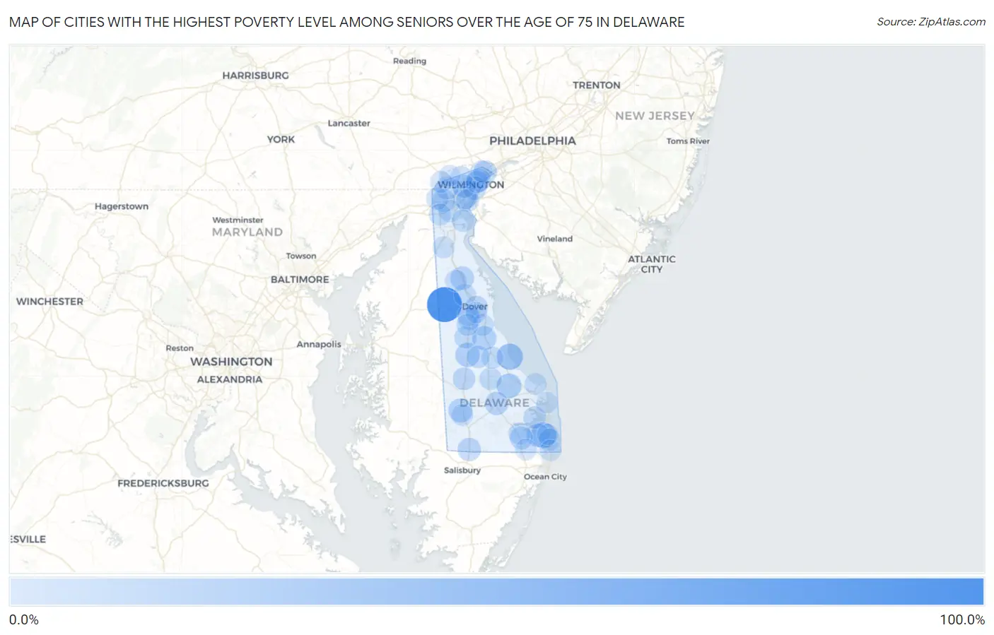 Cities with the Highest Poverty Level Among Seniors Over the Age of 75 in Delaware Map