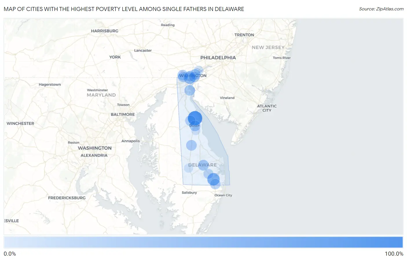 Cities with the Highest Poverty Level Among Single Fathers in Delaware Map