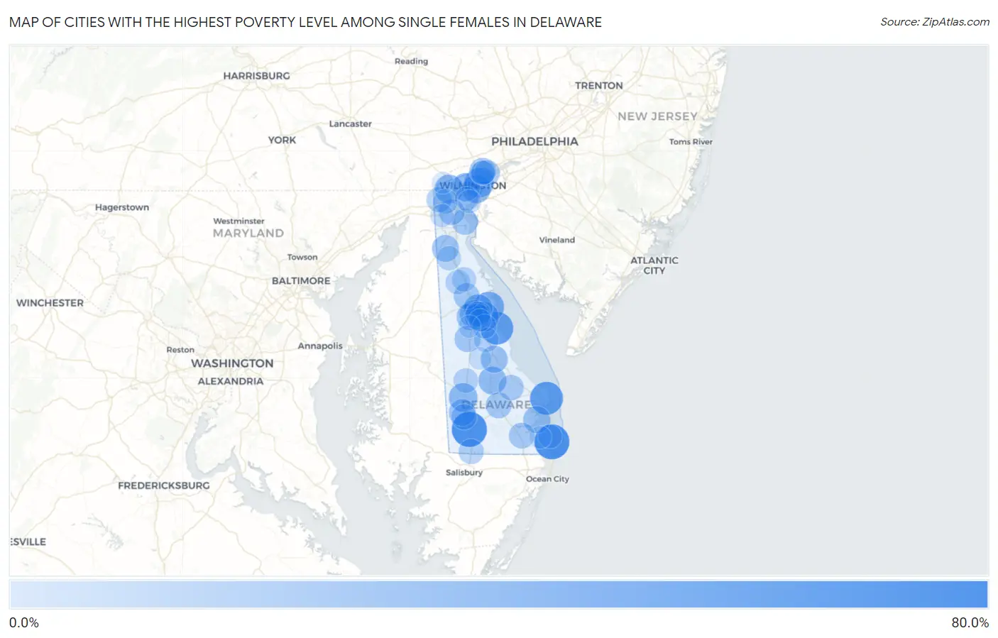 Cities with the Highest Poverty Level Among Single Females in Delaware Map